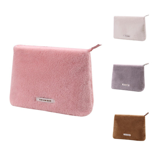 New Plush Portable Makeup Bag Fashionable Rabbit Hair Storage Bag Flat Mouth Handheld Makeup Supplies Storage Bag